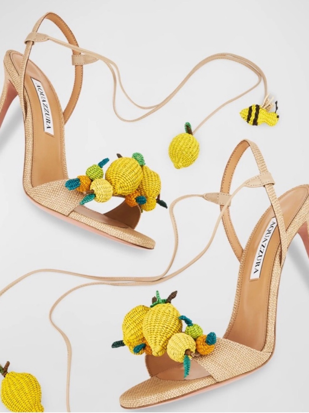 Aquazzura Tan Woven Lemon-Embellished Ankle-Tie Heels - Picture 4 of 5